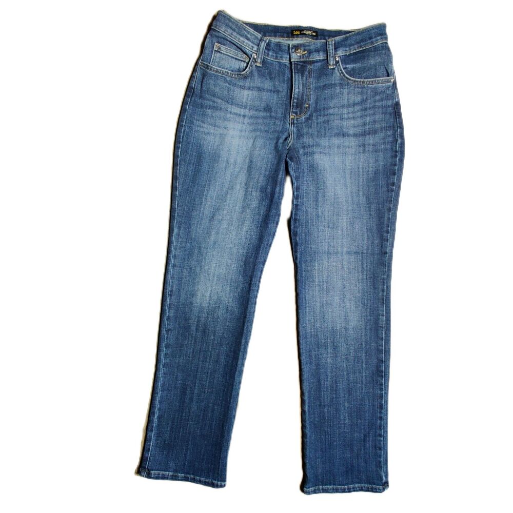 Lee Women’s 12S Petite Relaxed Fit Straight Leg Mid Rise Stretch Jeans Blue Wash